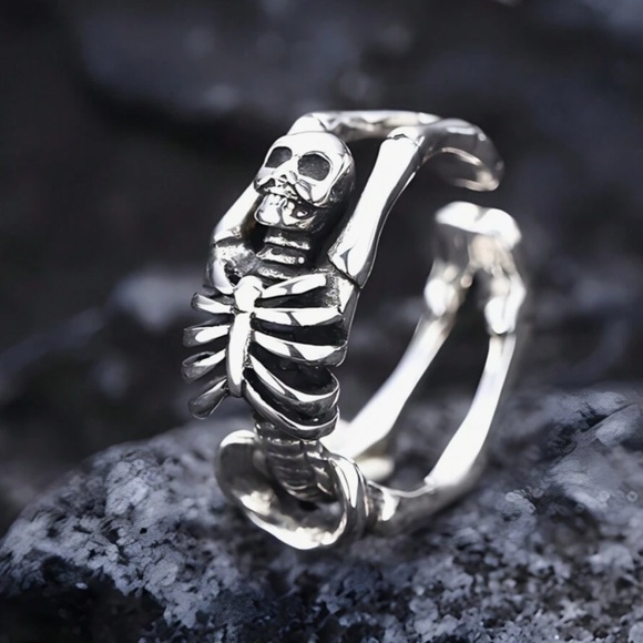 Any 4/$25! Antiqued Silver Adjustable Curved Skeleton Cuff Ring - Picture 2 of 4